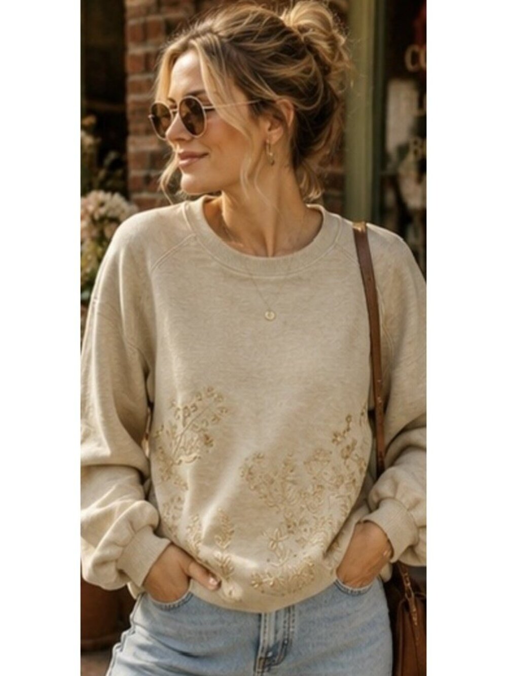 WRAP London Beige/Tan Floral Embroidered Crewneck Pullover Sweatshirt Size 12